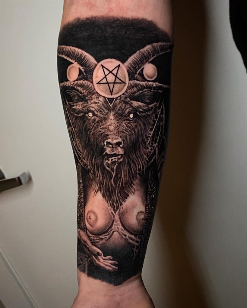 An Artistic Tattoo Depicting a Goat Adorned with a Pentagram