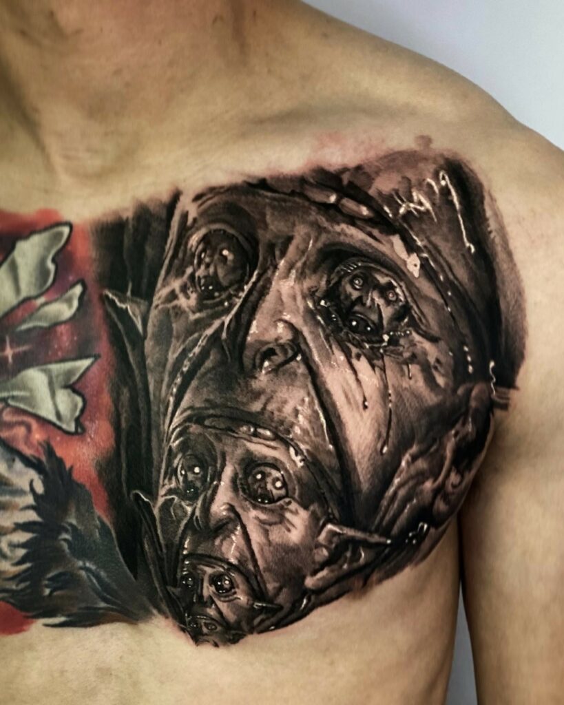 A Close-up of a Man’s Chest Featuring a Detailed Tattoo